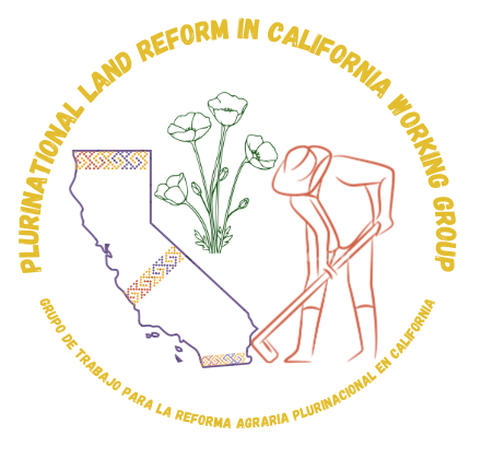 Plurinational Land Reform Working Group Logo - California map with Wiphala pattern, quail, poppies, and bear